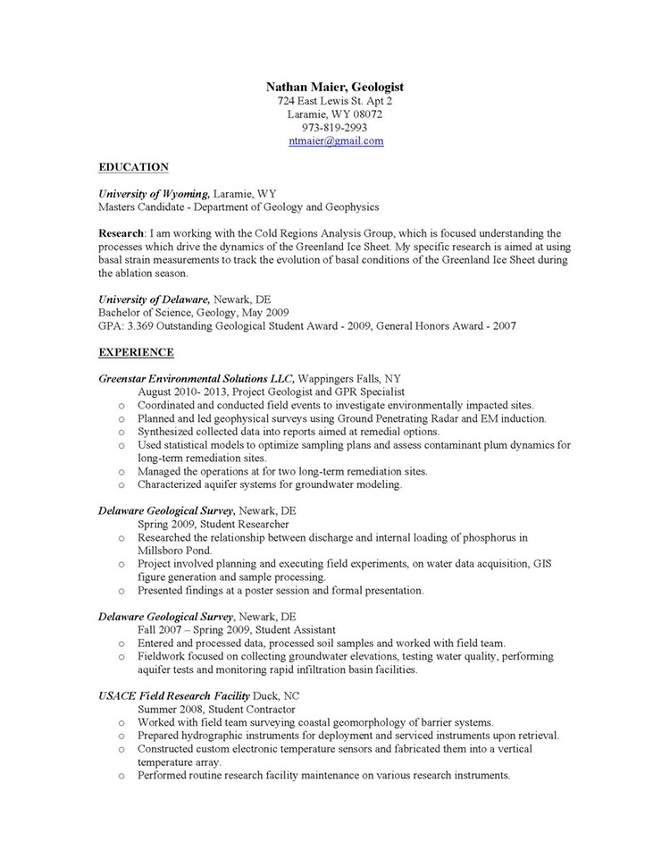 Sample geologist resume cover letter